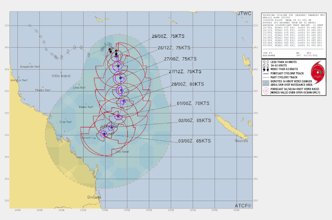 Track map and details of tropical cyclone Alfred in the Coral Sea, February 26 2025. From JTWC.