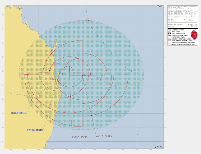 Track map and details of tropical cyclone Alfred in the Coral Sea, March 7 2025. From JTWC.