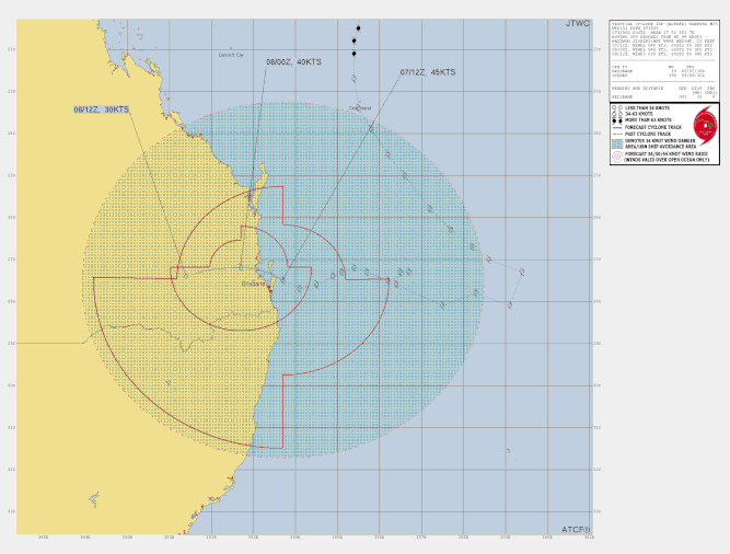 Track map and details of tropical cyclone Alfred in the Coral Sea, March 8 2025. From JTWC.