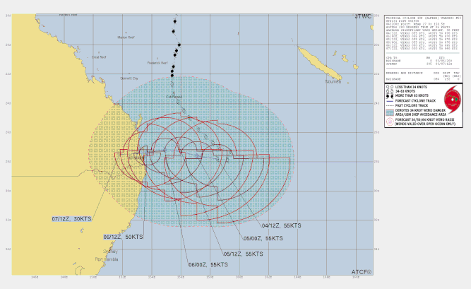 Track map and details of tropical cyclone Alfred in the Coral Sea, March 6 2025. From JTWC.