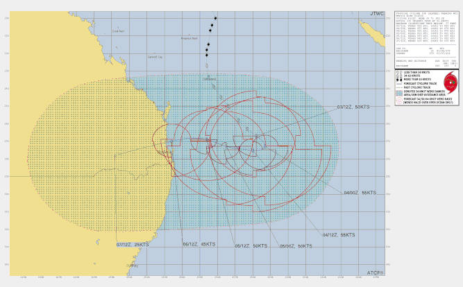 Track map and details of tropical cyclone Alfred in the Coral Sea, March 4 2025. From JTWC.
