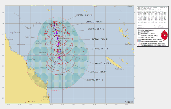 Track map and details of tropical cyclone Alfred in the Coral Sea, February 25 2025. From JTWC.