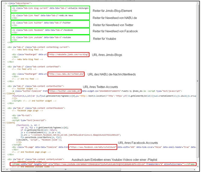Hier sehen Sie an welchen Stellen Sie den Code ändern müssen, damit ihre Feeds eingebunden werden.