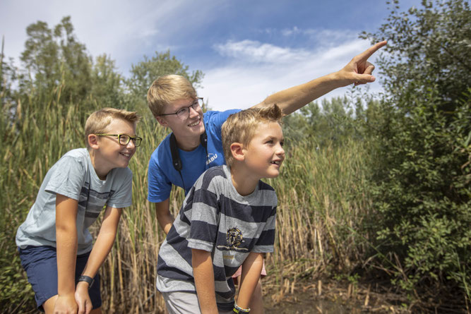 Ein Freiwilliger des NABU zeigt zwei Kindern die Kostbarkeiten der Natur