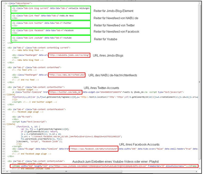 Hier sehen Sie an welchen Stellen Sie den Code ändern müssen, damit ihre Feeds eingebunden werden.