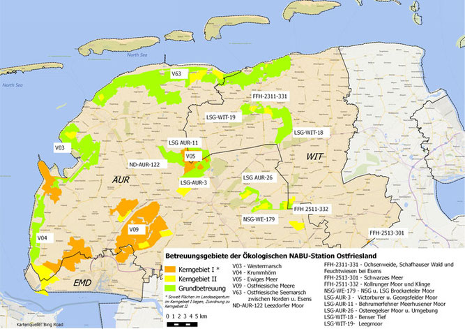 Das Betreuungsgebiet umfasst ca. 30000 ha in den Landkreisen Aurich und Wittmund sowie der Stadt Emden.