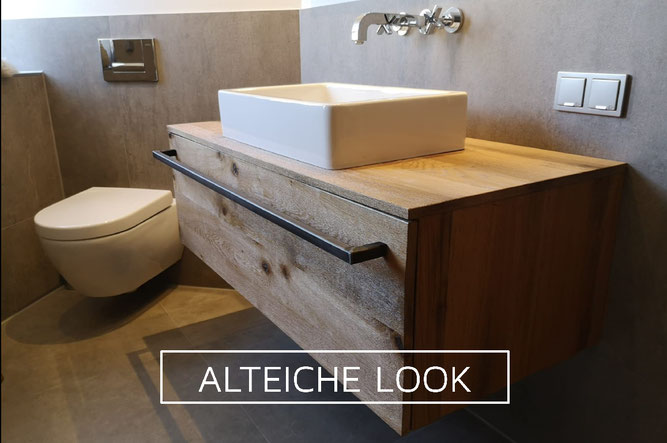 MÖBELLOFT Designer Waschtisch in einzigartigem Alteiche/Altholz Look aus Eiche Wildeiche auf Maß in verschiedenen Größen für modernes Badezimmer