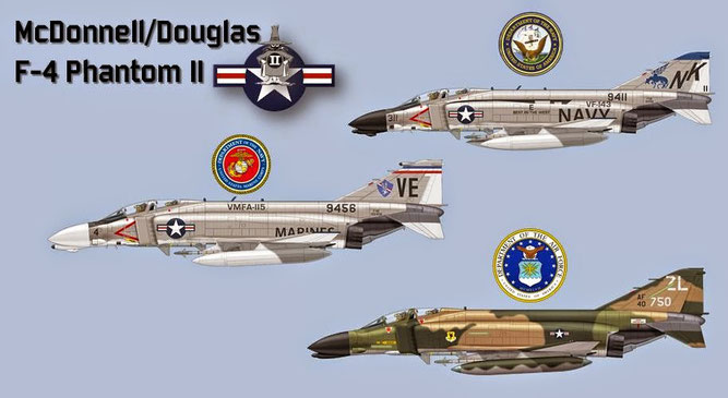 Gli F-4 in dotazione alle tre forze aeree degli USA. Immagini di Claverwork Graphic - Image Processing di AeroStoria.
