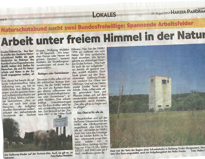 Presseartikel Harzer Panorama vom 27. August 2017