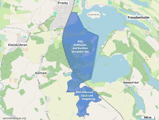 Lage der Naturschutzgebiete "Halbinseln und Buchten im Lanker See" und "Kührener Teich und Umgebung"