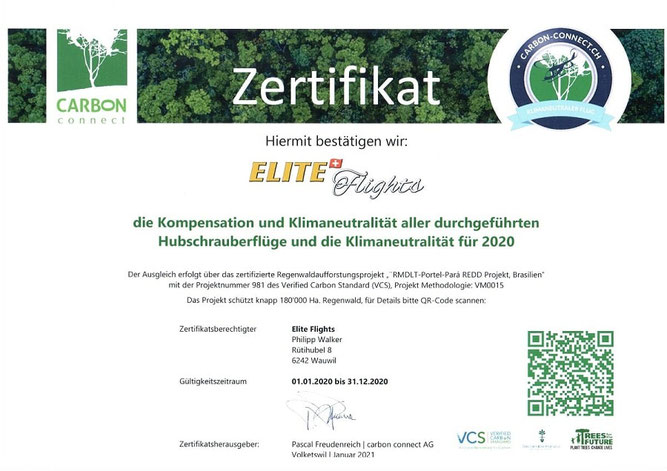 Zertifikat carbon connect, Kompensation aller durchgeführten Flüge / klimaneutrale Flüge /  klimaneutraler Helikopterflug