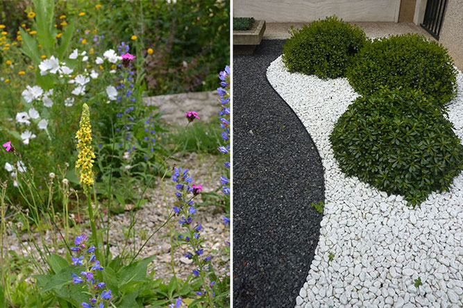 Artentreicher Kiesgarten (links) und Schottergarten (rechts) - Fotos: Paula Polak (li), Iris Barthel (re)