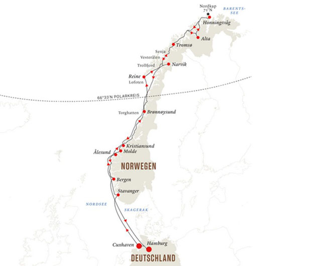 Die geplante Route der MS Otto Sverdrup zum Nordkap; Quelle: https://www.hurtigruten.de/reiseziele/norwegen-expeditions-seereisen/expedition-auf-den-spuren-der-postschiffroute-winter/?_hrgb=3