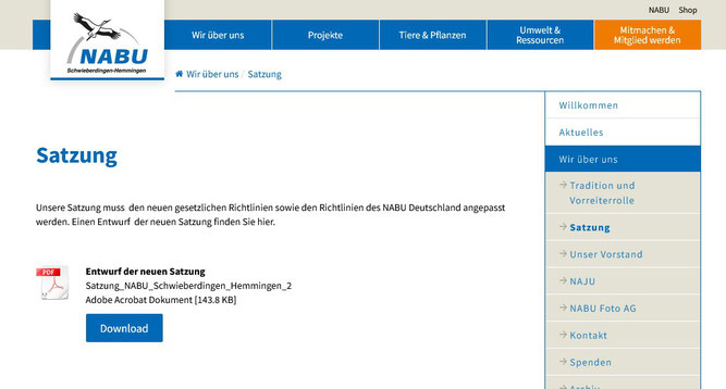 Bild: Die neue Satzung finden Sie auf unserer Homepage im Menü Wir über uns/Satzung; Foto Screenshot Hildegard Gölzer.