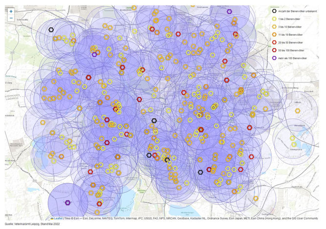Die Honigbienendichte im Stadtgebiet von Leipzig, Stand Mai 2022. Quelle: Veterinäramt Leipzig