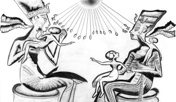 Illustration réalisée par nos soins, reproduisant la scène du bas-relief de Tell el-Amarna, Égypte, vers 1340.