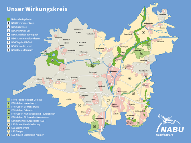 Karte des Umkreises von Oranienburg mit den Naturschutzgebieten in grün eingezeichnet