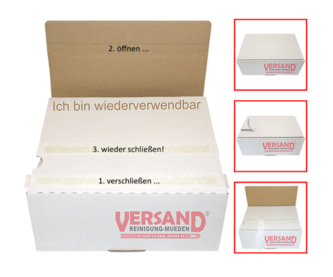 versandreinigung-mueden.de, Leistungen, wiederverwendbare Karton, Bild zeigt 1 großer Karton mit Logo versandreinigung und 3 kleine Karton
