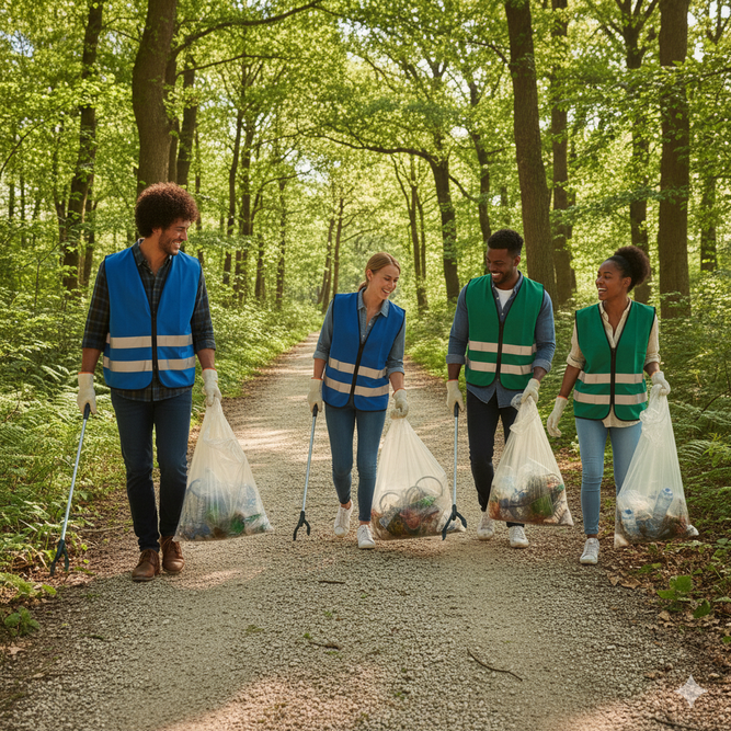 Menschen beim Sammeln von Müll im Wald