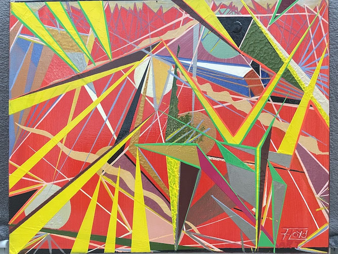 Abstraktes Kunstwerk „Präluxion“ von Andreas Alka alias FLoYd, 50 × 40 cm, mit intensiven Farben und geometrischen Formen – Ausdruck innerer Spannung und visueller Überladung vor dem Moment des Umbruchs.