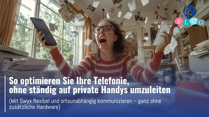 Überforderte Mitarbeiterin mit zwei Smartphones im Chaos – Symbol für schlecht organisierte Telefonie und Weiterleitungen auf private Handys.