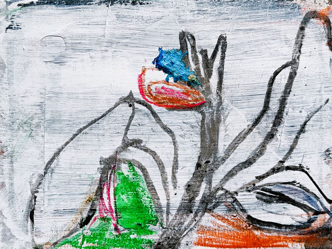 BLUE BUD I | 2025 | 18 x 24 cm | blue paper pulp, acrylic, charcoal, pastell, crayon, paper collage on canvas