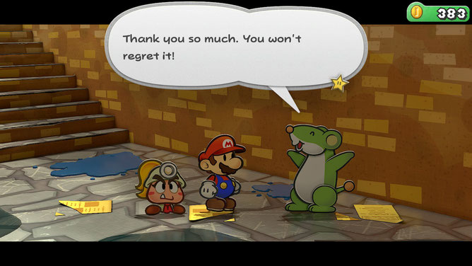 Game screenshot showing a green rodent thanking Mario for a money investment.