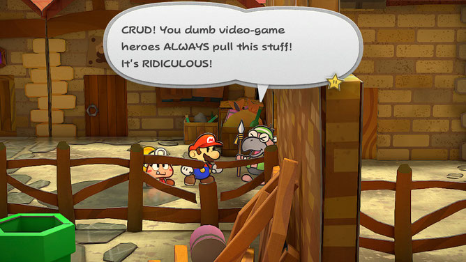 Game screenshot showing a character breaking the fourth wall.
