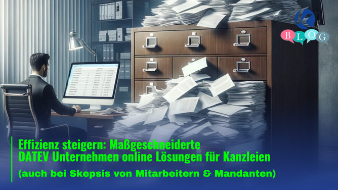 Mitarbeiter arbeitet am Computer vor überquellendem Aktenschrank – Symbol für ineffiziente Papierprozesse, die durch DATEV Unternehmen online digitalisiert werden können.