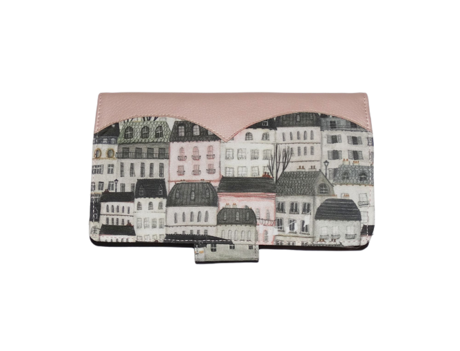 Porte-chéquier élégant pour femme  en simili-cuir rose et  tissu gris clair avec des immeubles, maisons, villes