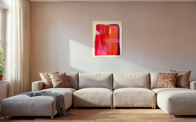Het resultaat van een privé workshop schilderen hangt boven de bank ik een zachte interieur. Een echte eyecatcher!