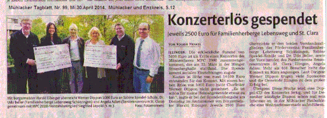 MPC2000-Maennerchor spendet Konzerterlös, Mühlacker Tagblatt, 30.04.2014