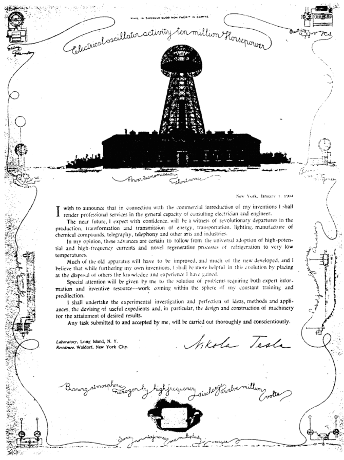 Tesla's 1904 resume advertising his services and those of the Wardenclyffe facility