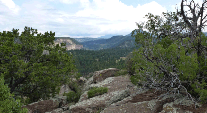 Looking up canyon from Little Boletsakwa, with Redondo Peak on the horizon.