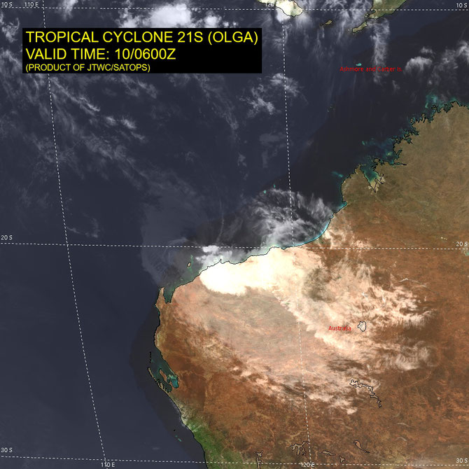 Satellite image of Tropical Cyclone Olga in the Indian Ocean. April 10 2024. From JTWC.