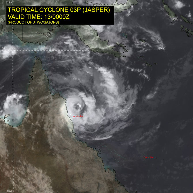 Satellite image of Severe Tropical Cyclone Jasper at 10am AEST prior to making landfall. Image from JTWC. December 13 2023.