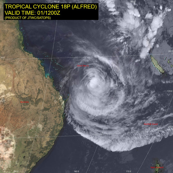 Satellite image of tropical cyclone Alfred in the Coral Sea, March 2 2025. From JTWC.