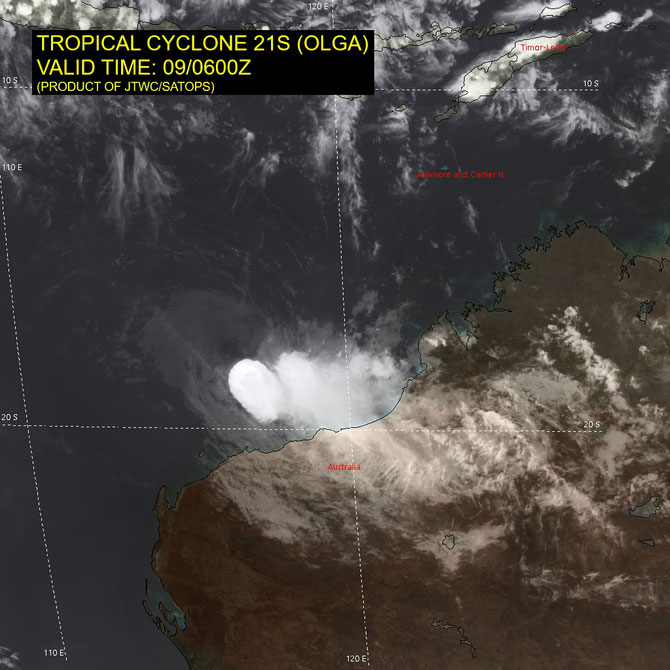 Satellite image of Tropical Cyclone Olga in the Indian Ocean. April 9 2024. From JTWC.