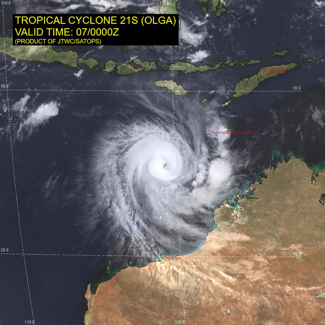 Satellite image of Severe Tropical Cyclone Olga in the Indian Ocean. April 7 2024. From JTWC.