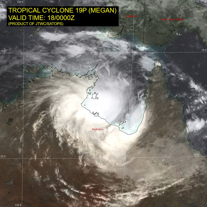 Satellite image of Severe Tropical Cyclone Megan in the Gulf of Carpentaria. March 18 2024. From JTWC.