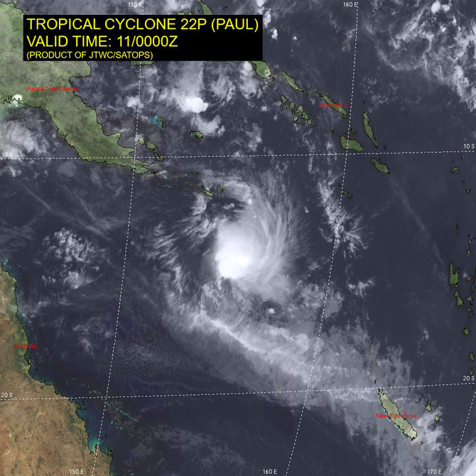Satellite image of Tropical Cyclone Paul in the Coral Sea. April 11 2024. From JTWC.