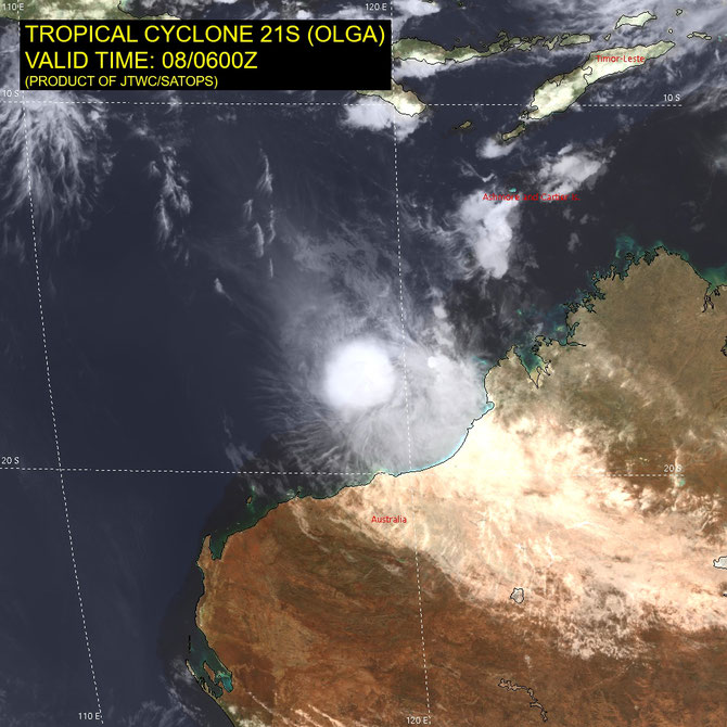 Satellite image of Tropical Cyclone Olga in the Indian Ocean. April 8 2024. From JTWC.