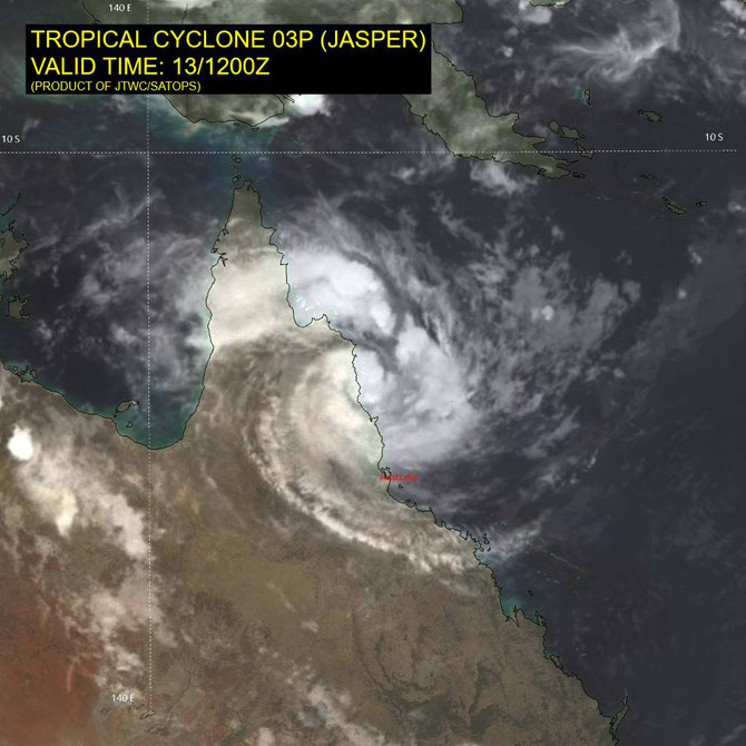 Satellite image of Severe Tropical Cyclone Jasper after making landfall on the north Queensland coast. Image from JTWC. December 13 2023.