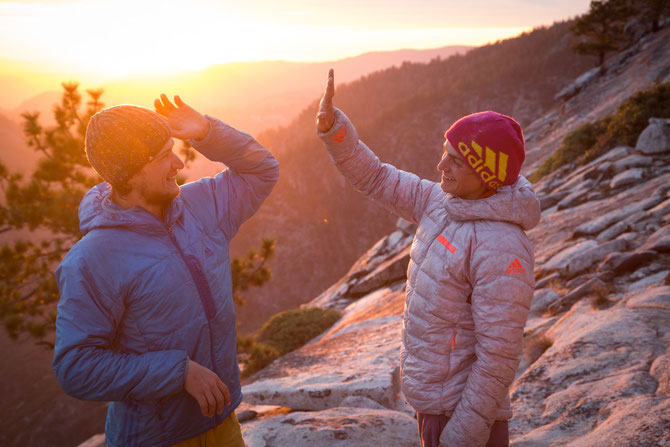 Very hard-earned high five on the summit of El Cap after Alexandra and Christopher both freeclimbed El Corazón. Picture by Johannes Ingrisch @adidas outdoor