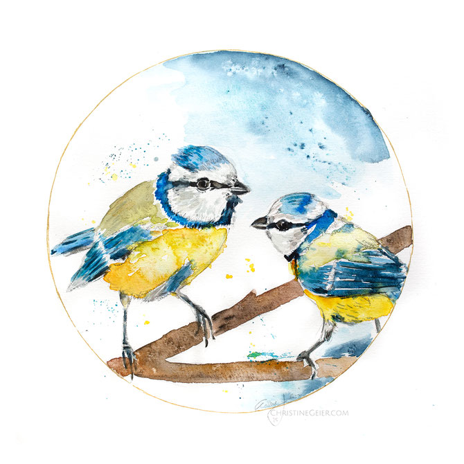 Blaumeisen, bluetits, Vogel Illustration, Original, Aquarell, watercolour, watercolor, birdlovers, birdart, contemporary art, Vogelaquarell, artwork, originalart, Cyanistes caeruleus