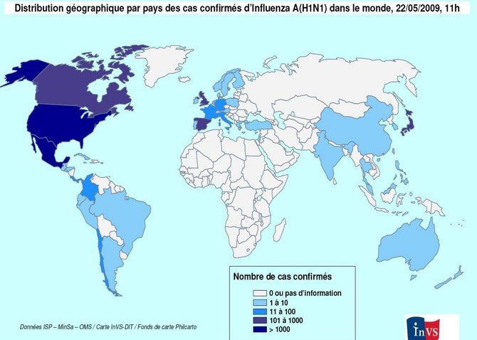 Pays touchés par la grippe en 2009. Sources:InVS
