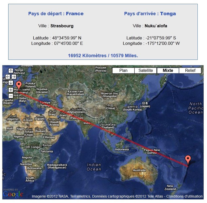 Distance entre Strasbourg et les iles Tonga. Sources:http://www.levoyageur.net/distan.php 