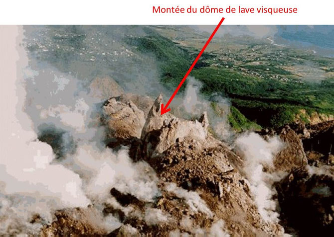 Montée du dôme du volcan de la Soufrière Hills (Montserrat aux Antilles). Sources: http://www.brgm.fr/brgm/Risques/Antilles/guad/vmons1.htm  