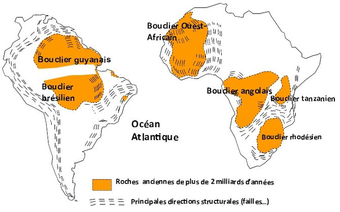 Argument n°3 : localisation de roches appartenant au même ensemble et datées du même âge (environ 2 milliards d'années = 2Ga).