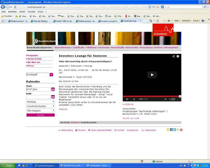 KunstKulturQuartier - Veranstaltungshinweis auf Szeneplattform (Screenshot vom 08.07.2014) 